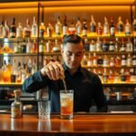 Bartender pouring a cocktail at an upscale bar