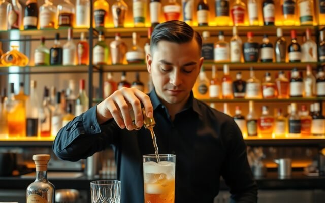 Bartender pouring a cocktail at an upscale bar
