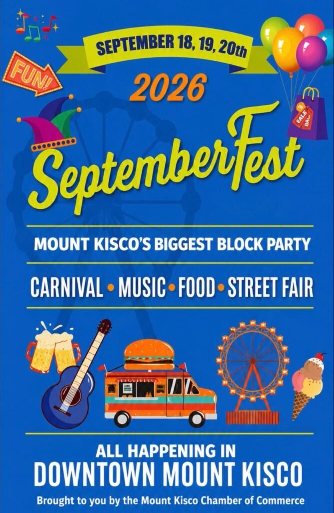 Mount Kisco Septemberfest 2026 poster, September 18-20, biggest block party, carnival music food street fair