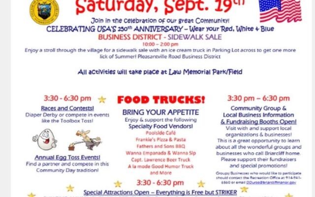 Briarcliff Manor Community Day 2026 flyer, Saturday September 19, sidewalk sale food trucks fireworks