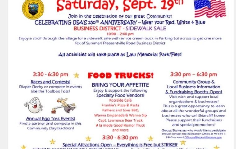 Briarcliff Manor Community Day 2026 flyer, Saturday September 19, sidewalk sale food trucks fireworks