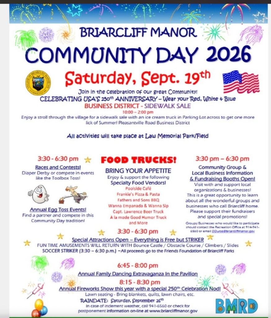 Briarcliff Manor Community Day 2026 flyer, Saturday September 19, sidewalk sale food trucks fireworks