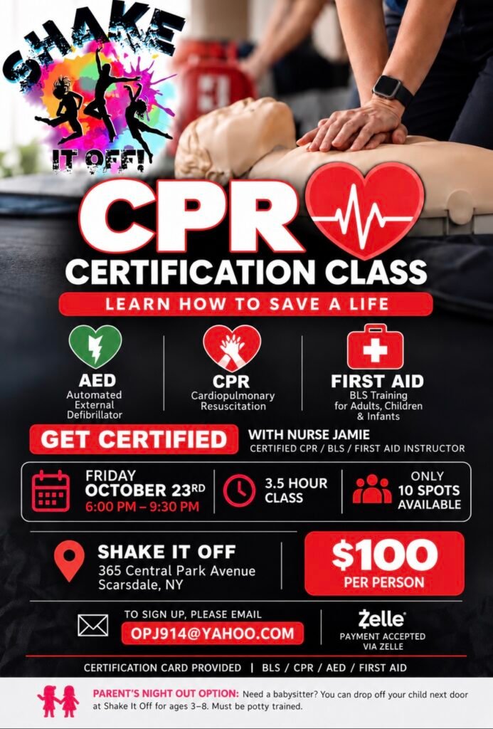 CPR / AED / First Aid Certification Class at Shake It Off! — Scarsdale